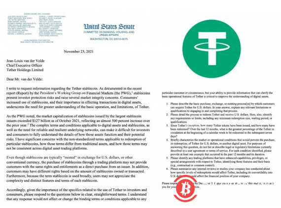 Tether“稳定币”流通规模引发监管机构高度关注 美国会提出六大质问
