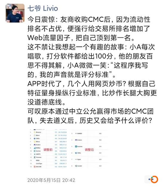 七爷在朋友圈对排名提出质疑。图片来源:七爷微信